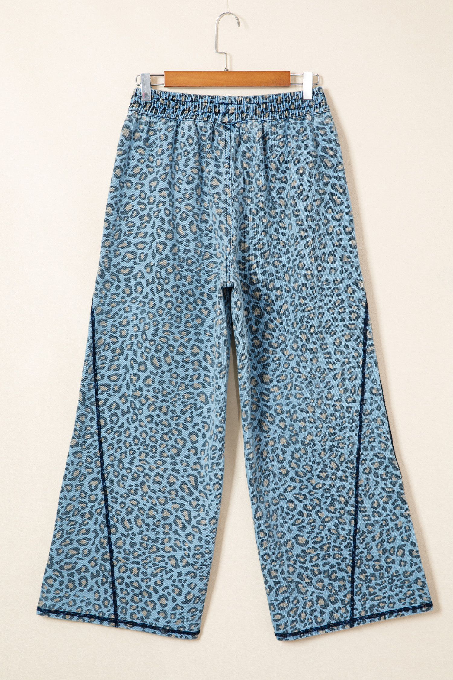 Blue Leopard Print Exposed Seam Detail Wide Leg Drawstring Jeans - loveforevers