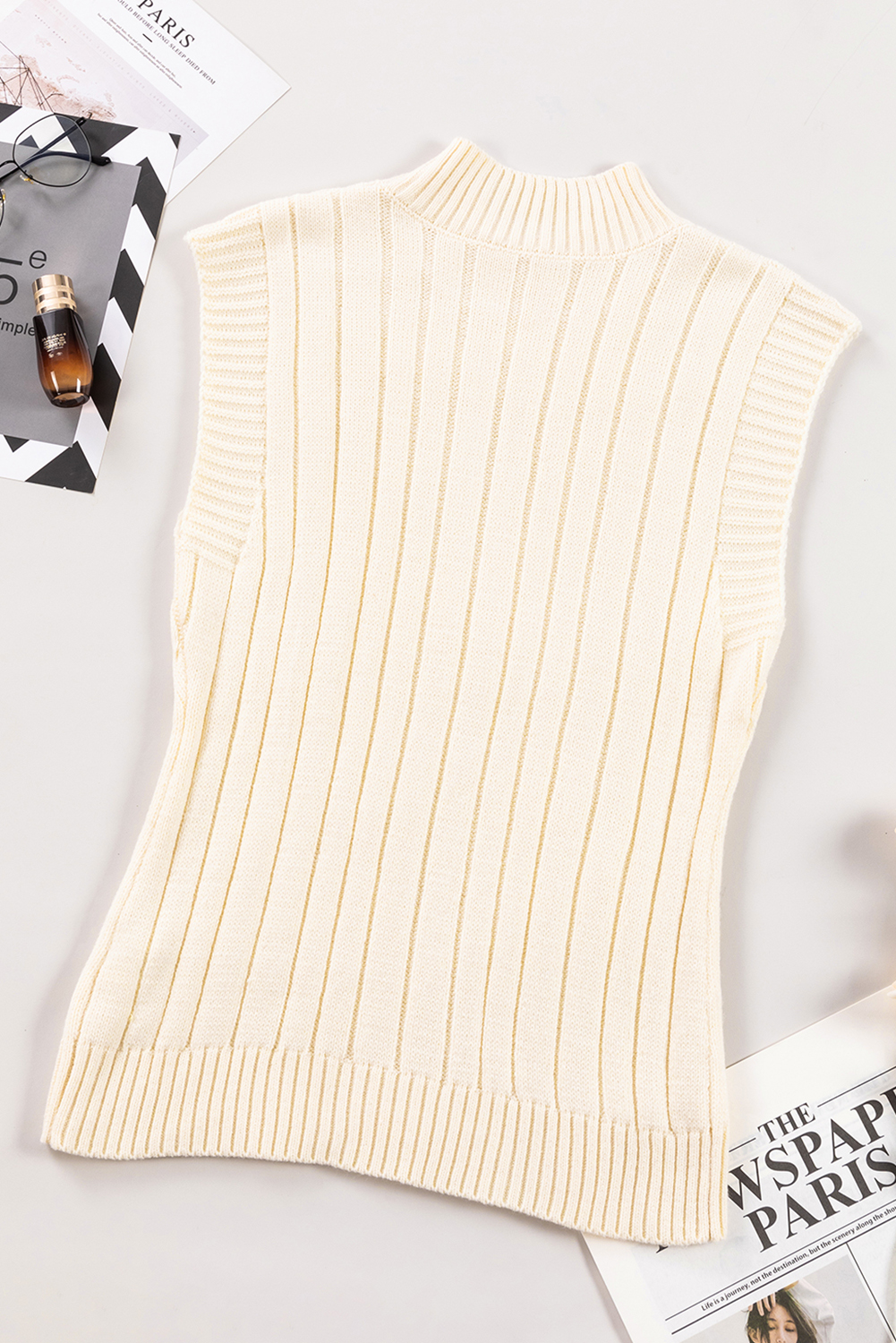 Oatmeal Cable Knit High Neck Sweater Vest - loveforevers