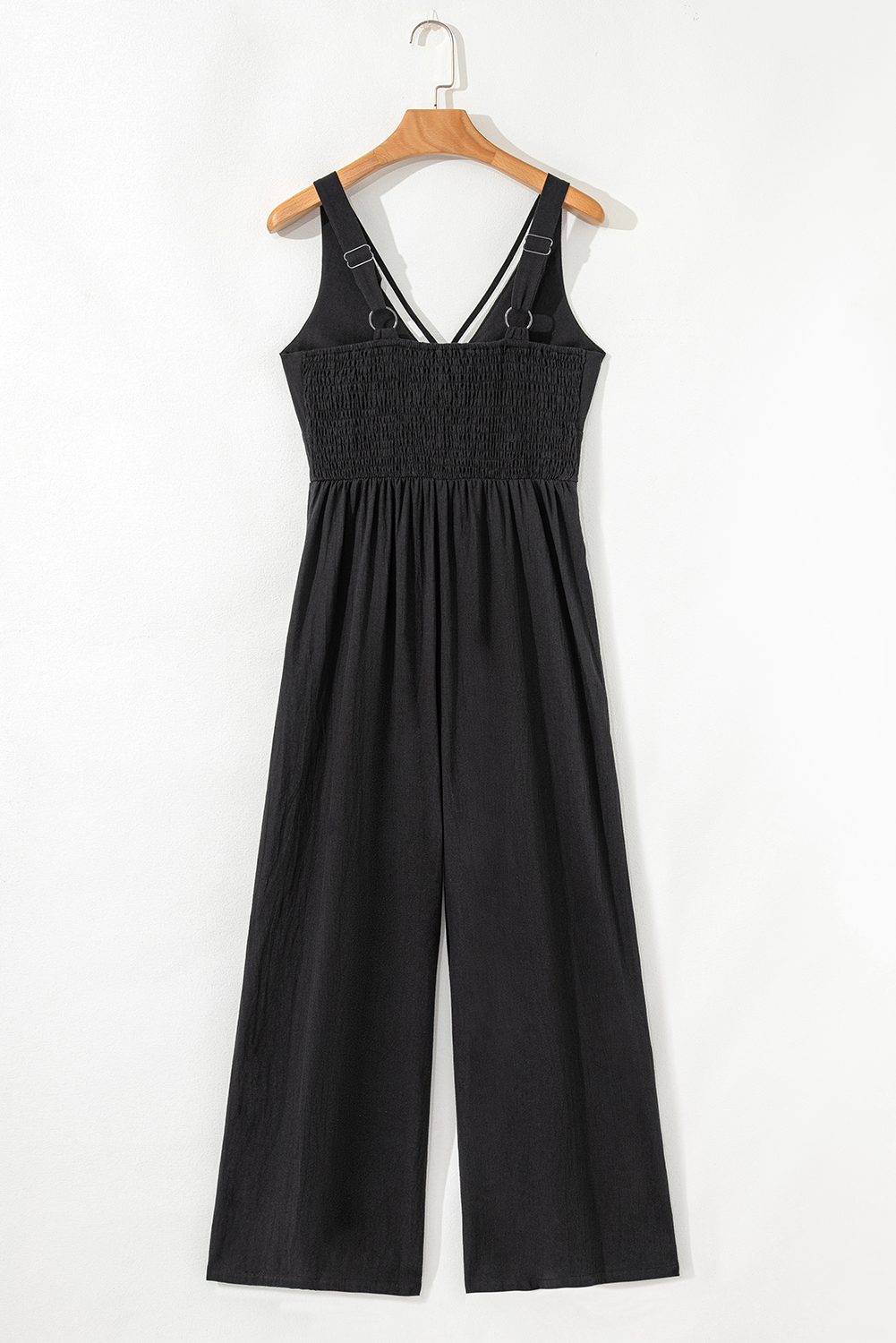 Black Front Cut Out Smocked Back Sleeveless Wide Leg Jumpsuit - loveforevers