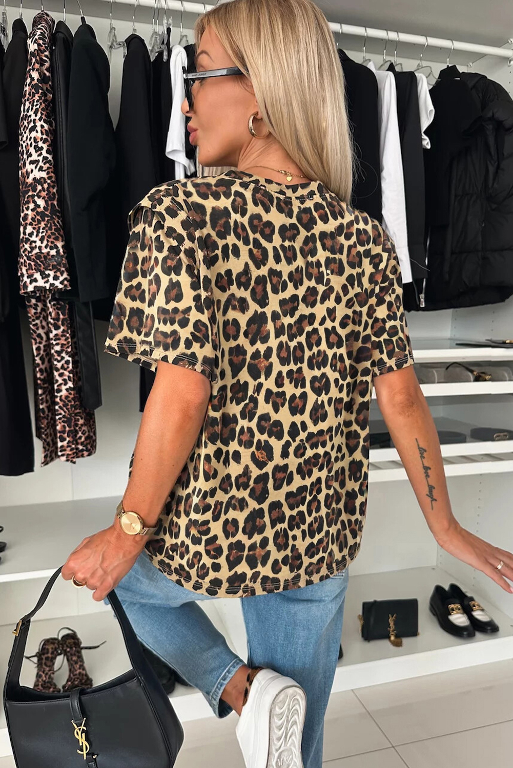 Khaki Cheetah Print Round Neck Loose Fit T Shirt - loveforevers