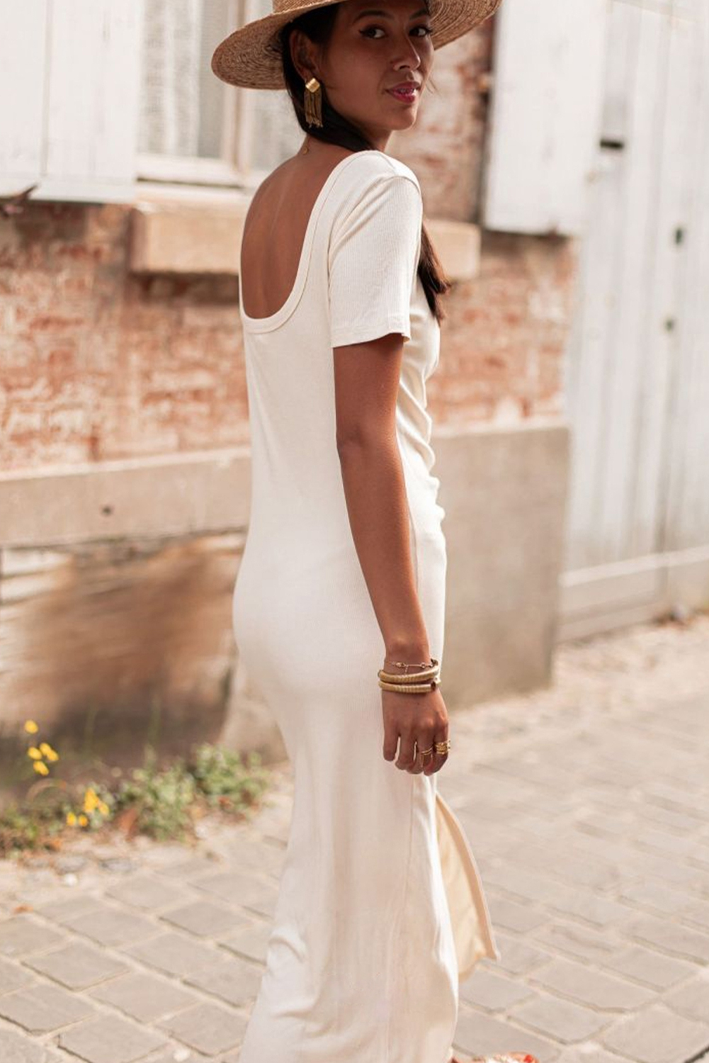 Beige V Neck Ruched Button Front French T-shirt Dress - loveforevers