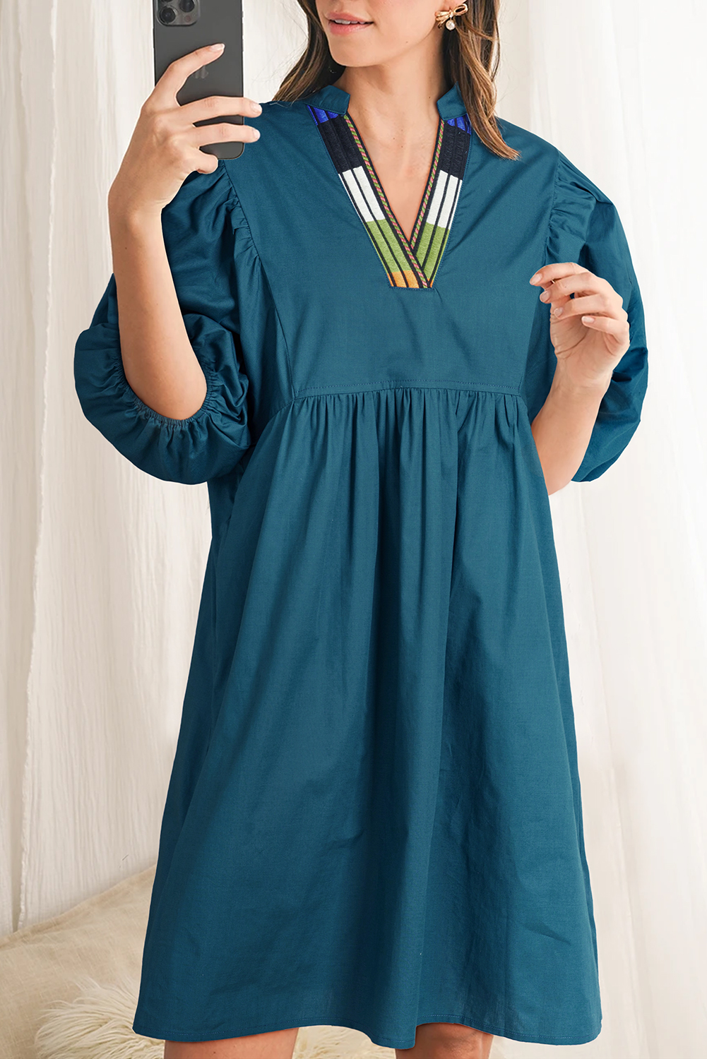 Blue Sapphire Colorblock Split V Neck Puff Sleeve Mini Dress - loveforevers