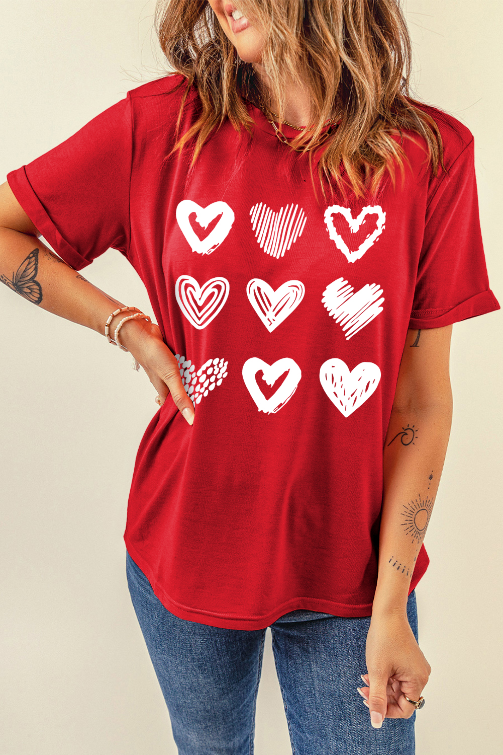 Red Diverse Heart Printed Crewneck Valentines Tee - loveforevers