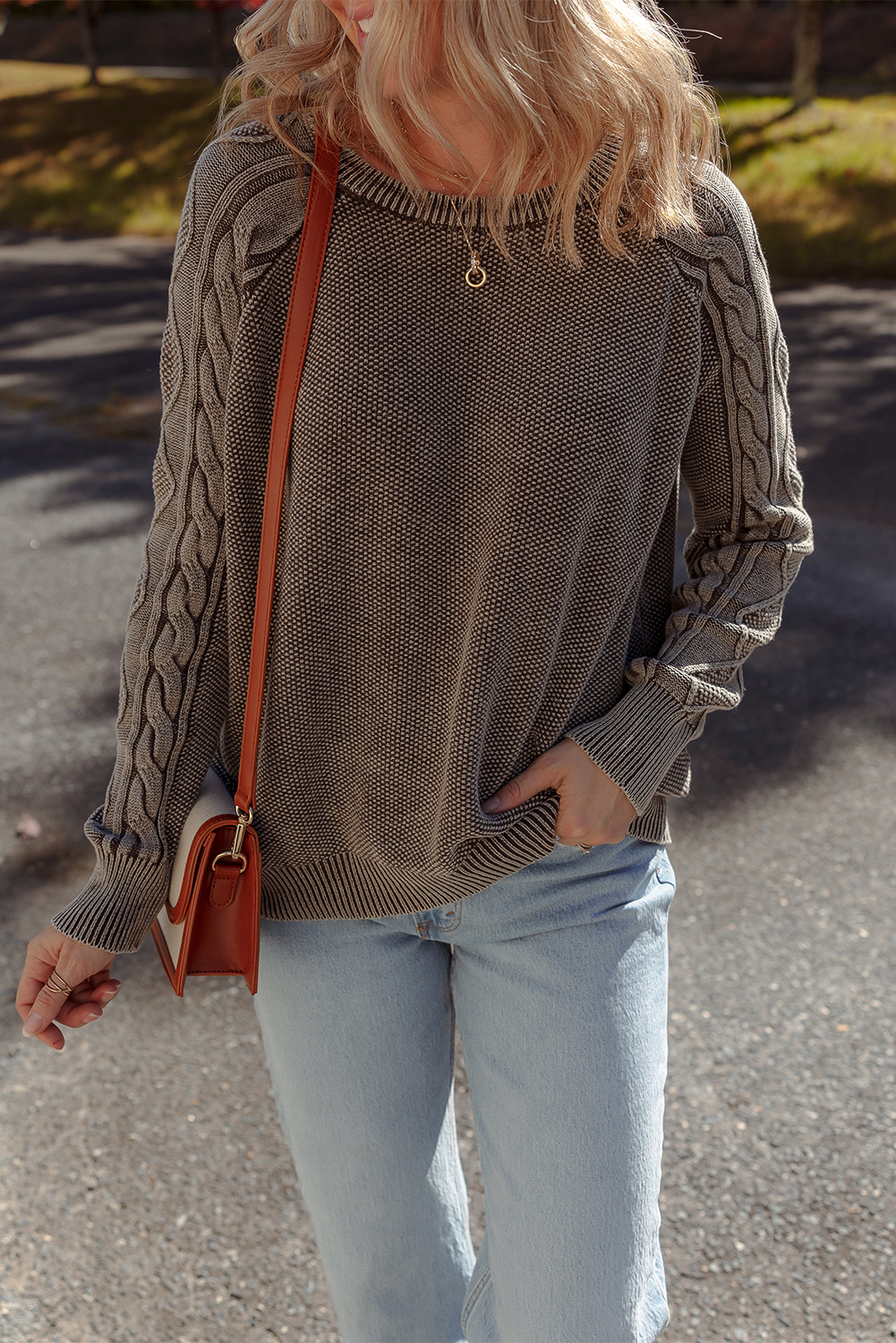 Dark Brown Contrast Cable Knit Sleeve Casual Sweater - loveforevers