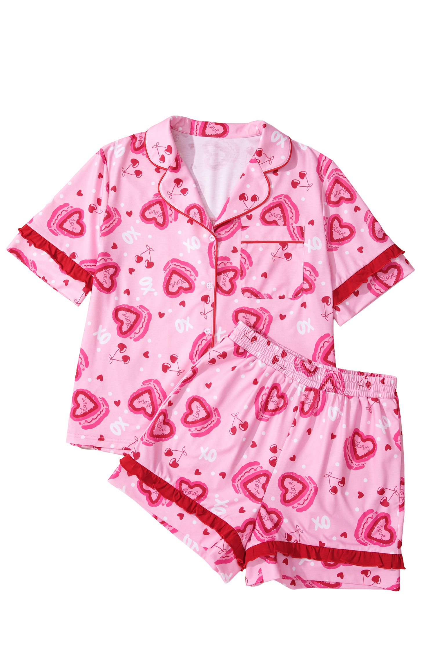 Pink Sweet Heart Cake Print Contrast Ruffle Trim Valentines 2pcs Pajama Set - loveforevers