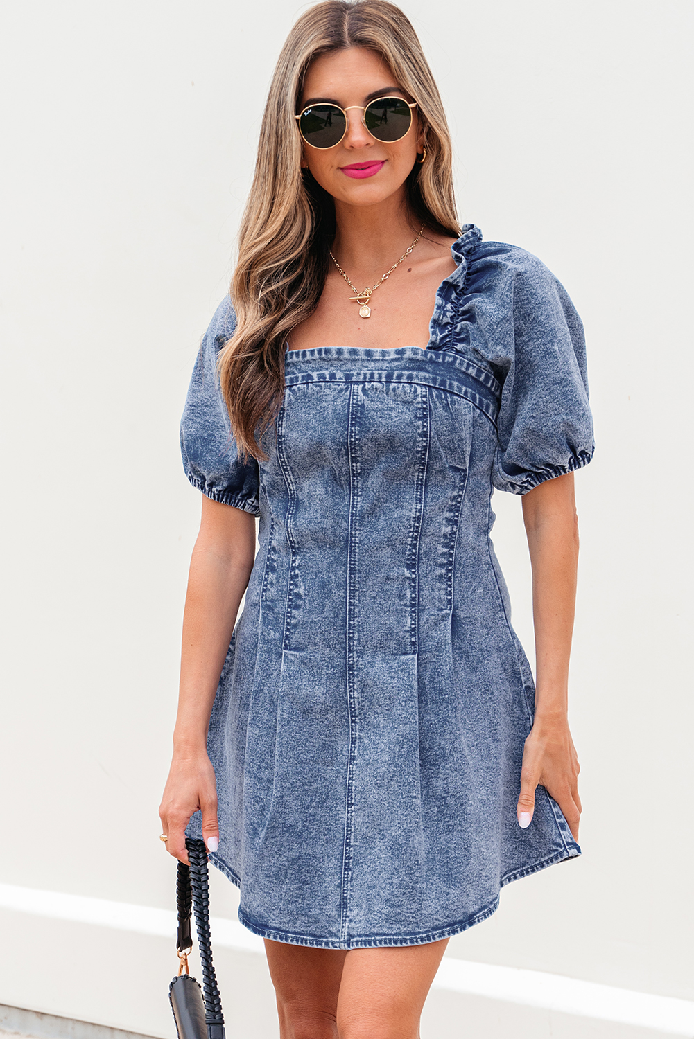 Blue Frilly Square Neck Bustier Puff Sleeve Short Denim Dress - loveforevers
