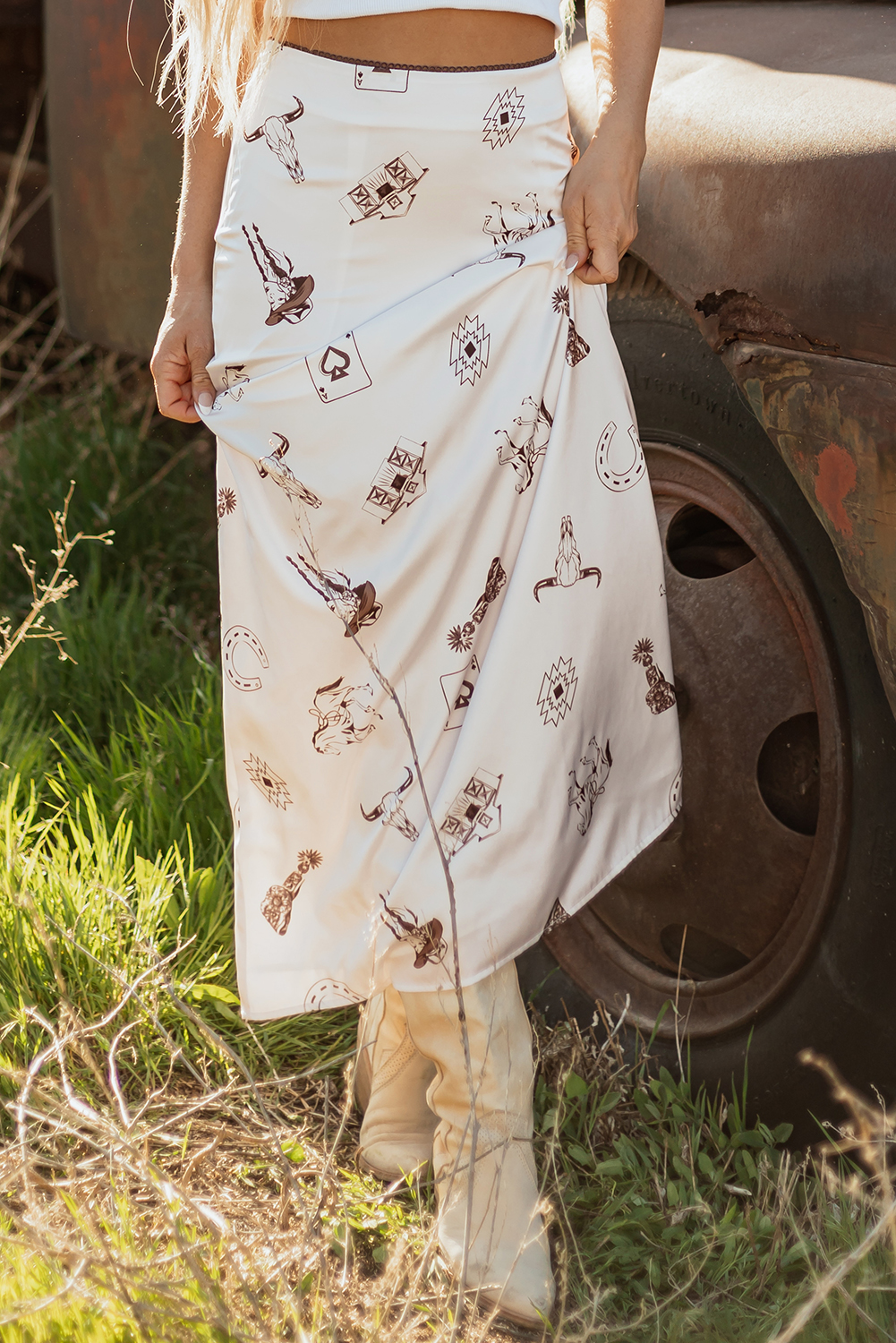 Beige Western Print Satin Long Skirt - loveforevers