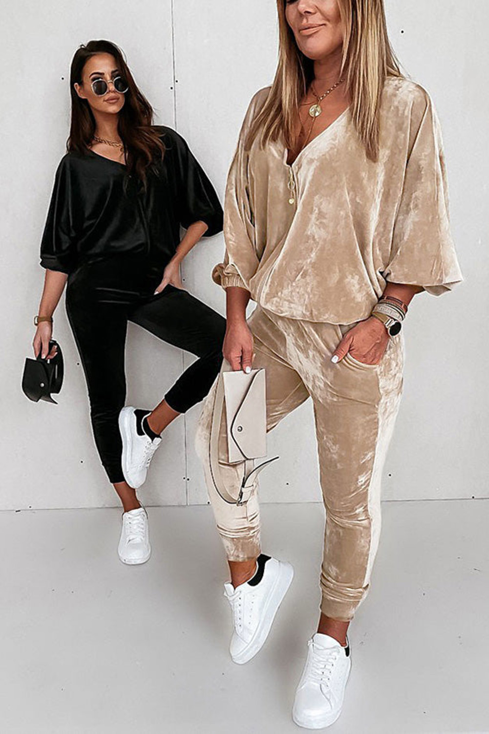 Parchment Velvet Zipped Top and Joggers Two Piece Set - loveforevers