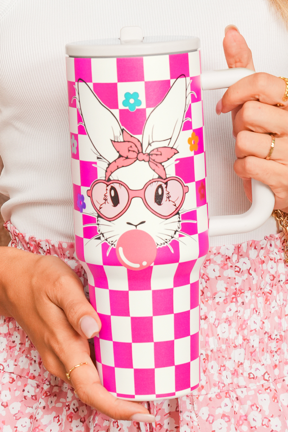Rose Red Easter Rabbit Flower Checkered Print Large Tumbler 40oz - loveforevers