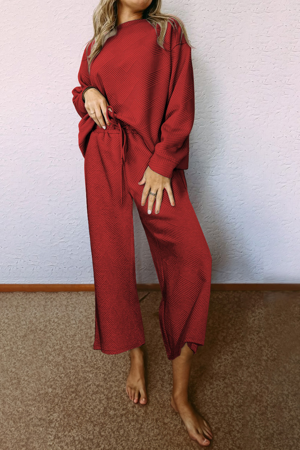 Red Dahlia Ultra Loose Textured 2pcs Slouchy Outfit - loveforevers