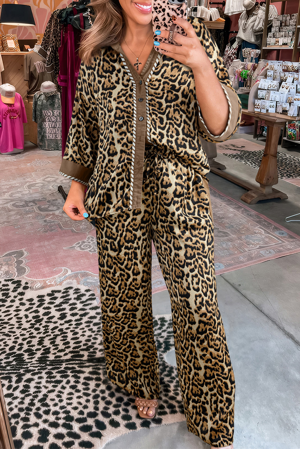 Brown Leopard Collared 3/4 Sleeve Shirt and Loose Pants Two Piece Outfit Set - loveforevers