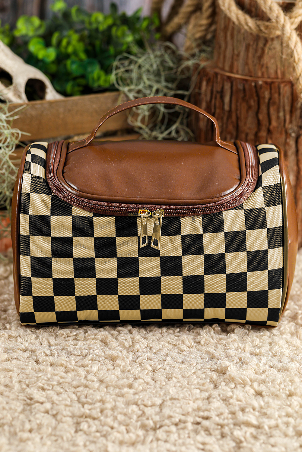 Black Checkered PU Leather Zipper Makeup Bag - loveforevers