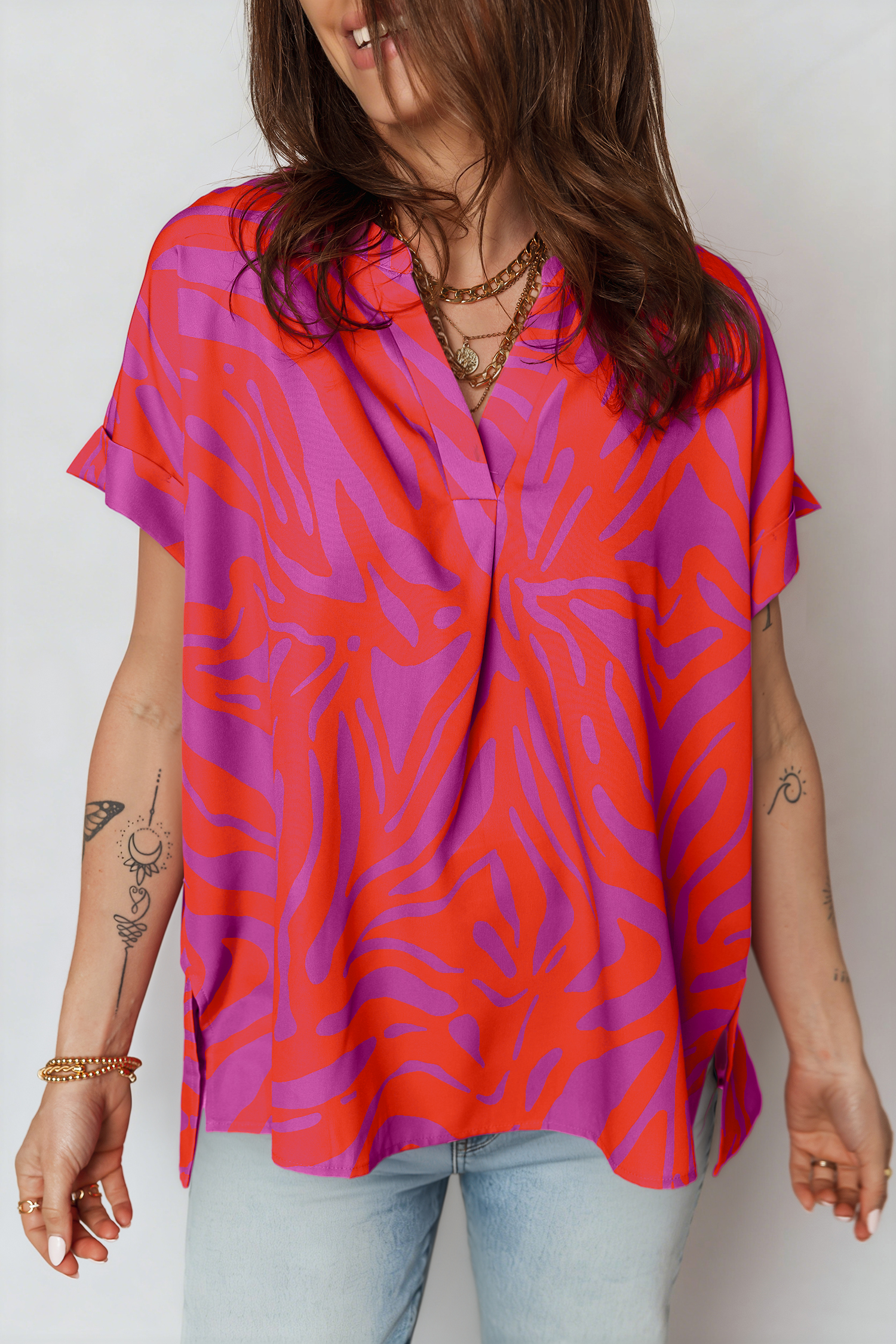Multicolour Abstract Print V Neck Cuffed Short Sleeve Shift Slit Blouse - loveforevers