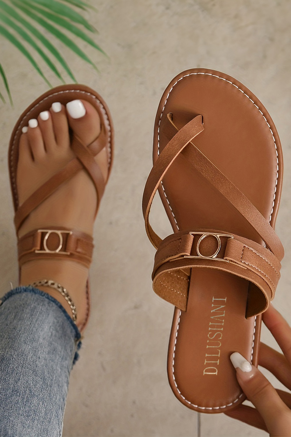 Chestnut Cross Toe Metal Buckle Leathered Flat Slippers - loveforevers