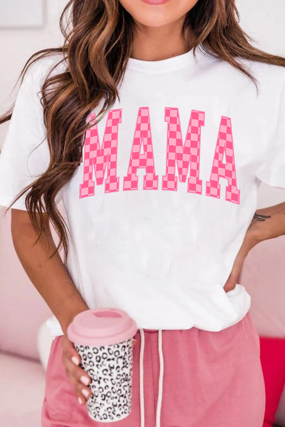 White Checkered MAMA Letter Graphic T Shirt - loveforevers