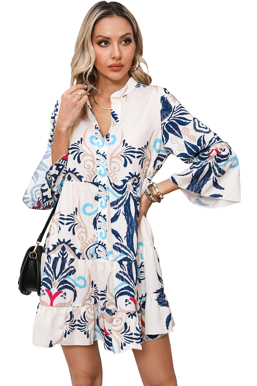 White Printed Tribal Bracelet Sleeve Buttoned Mini Dress - loveforevers