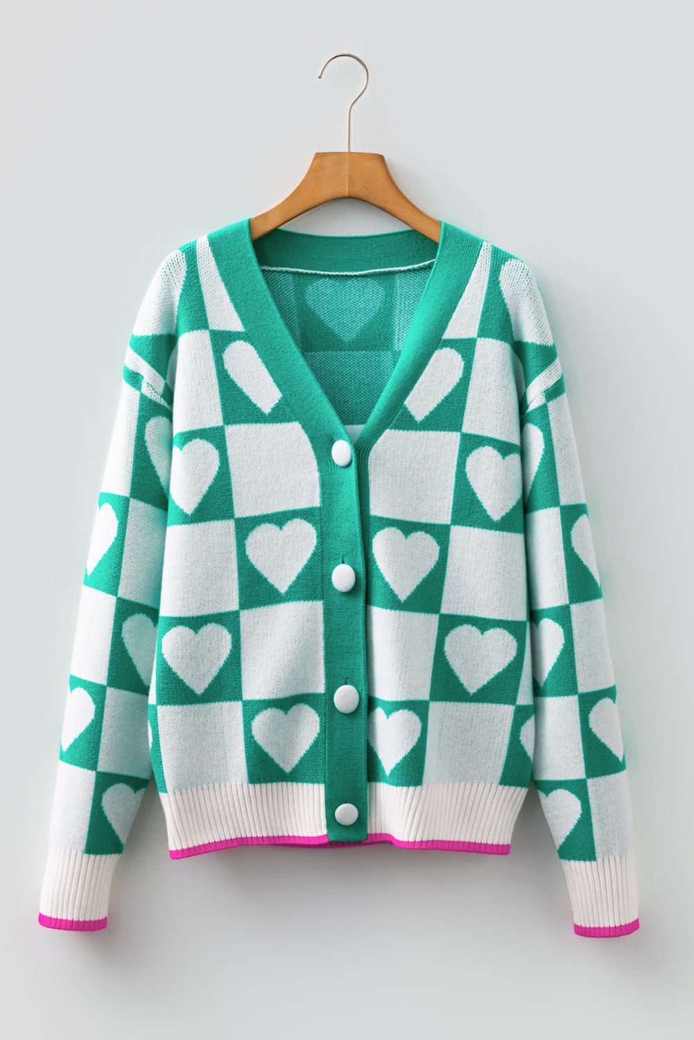 Sea Green Plaid Heart Knit V Neck Button Down Sweater Cardigan - loveforevers