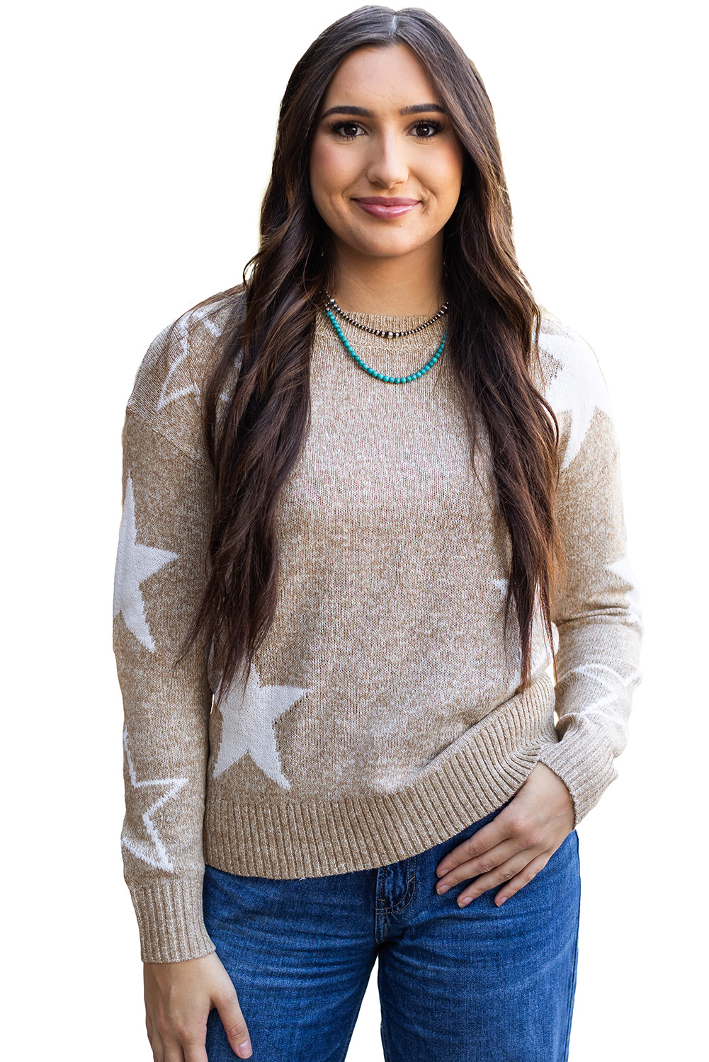 Khaki Star Pattern Drop Shoulder Sweater - loveforevers