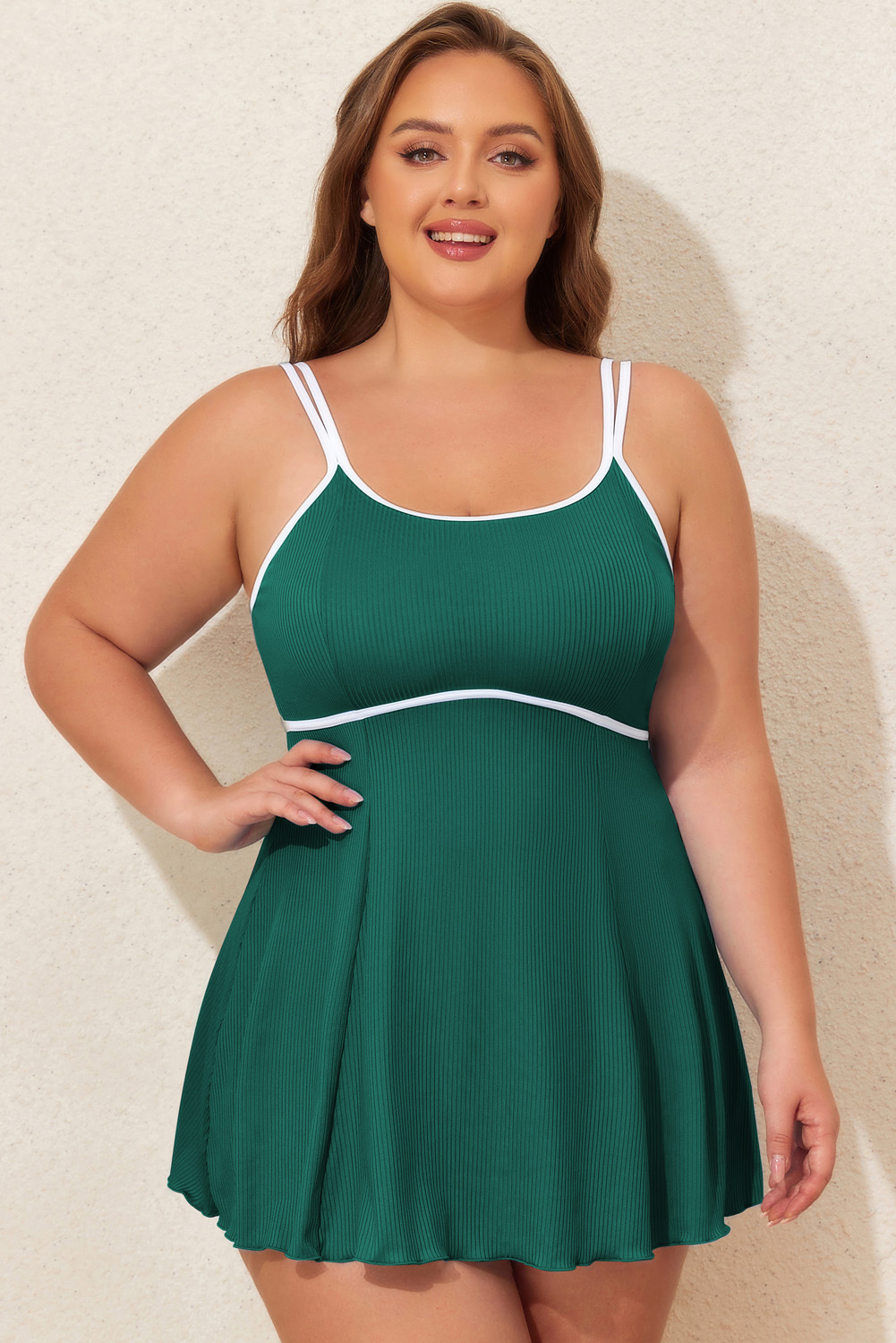 Skobeloff Plus Size Ribbed Contrast Trim Adjustable Straps 2pcs Swimsuit - loveforevers