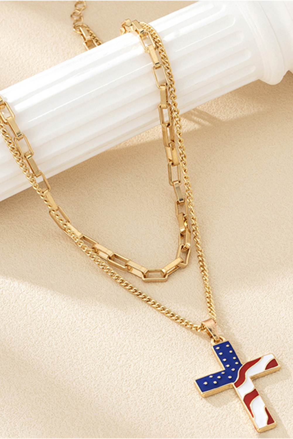 Gold Plated Double Chain Stars and Stripes Cross Pendent Necklace - loveforevers