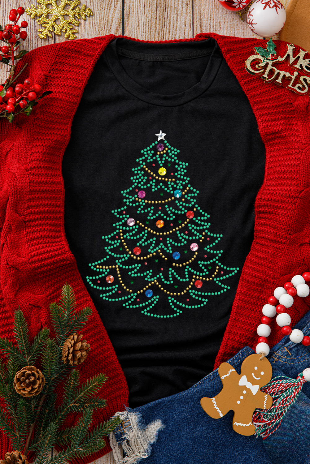 Black Rhinestone Christmas Tree Round Neck Graphic Tee - loveforevers