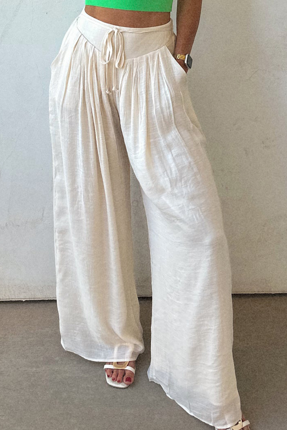 White Solid Drop Waist Pleated Wide Leg Casual Pants - loveforevers