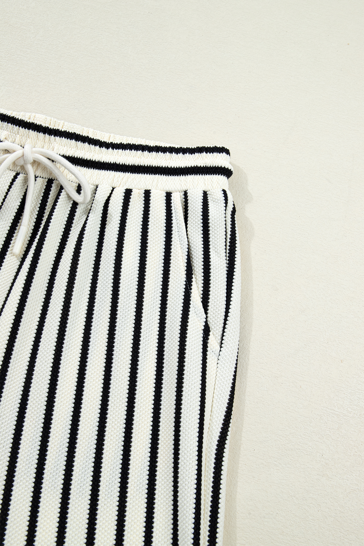 White Stripe Ruffle Trim Drop Shoulder Top Drawstring Loose Pant Set - loveforevers