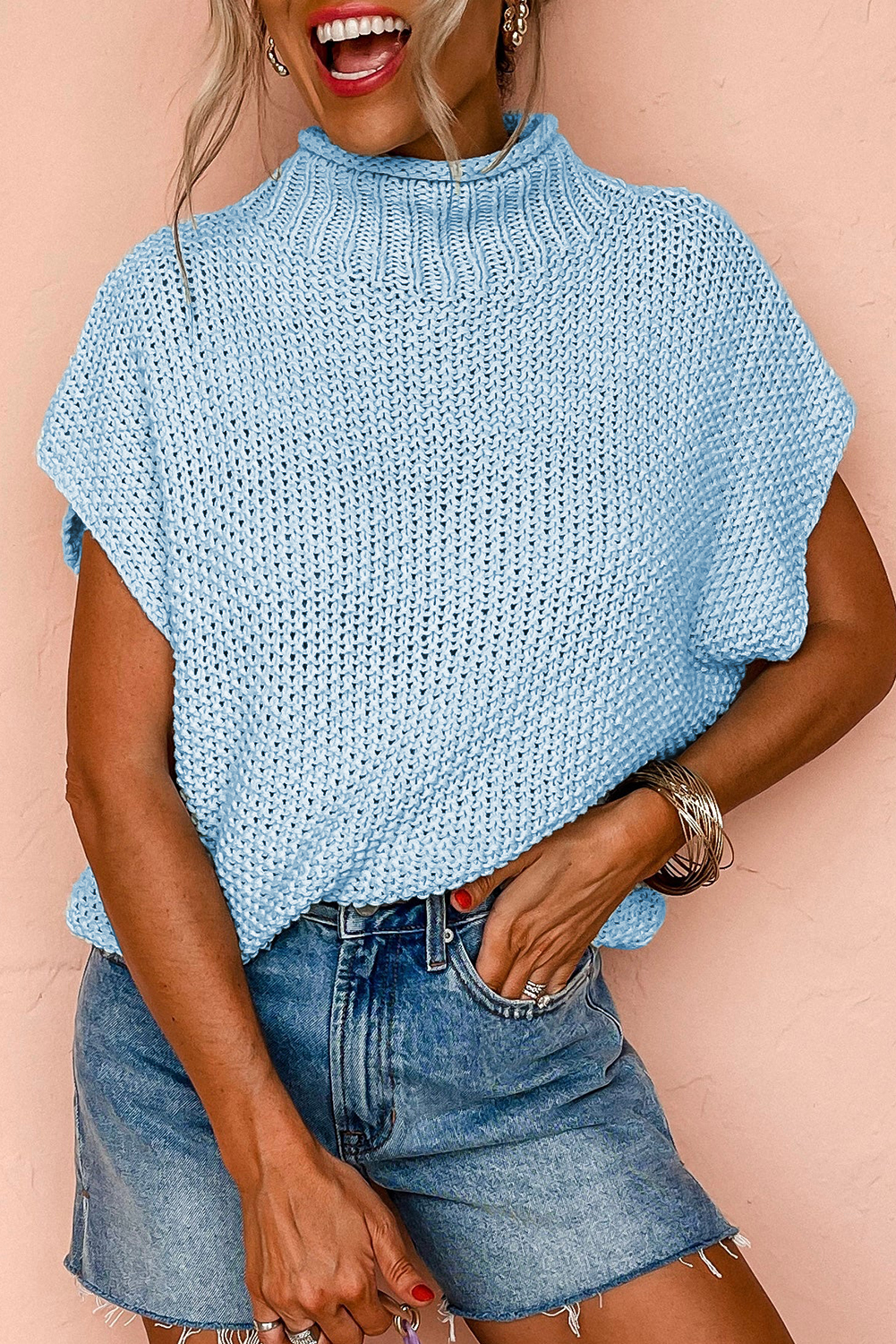 Iceland Blue High Neck Bat Short Sleeve Sweater - loveforevers