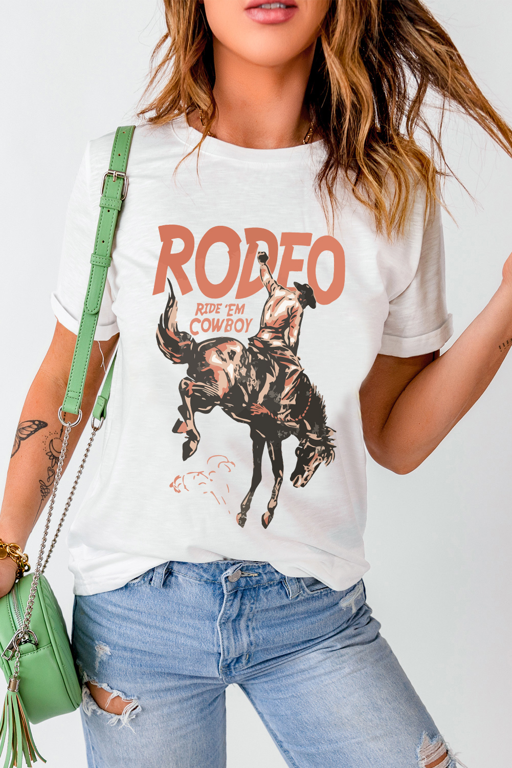 White RODEO Cowboy Graphic Crewneck T Shirt - loveforevers
