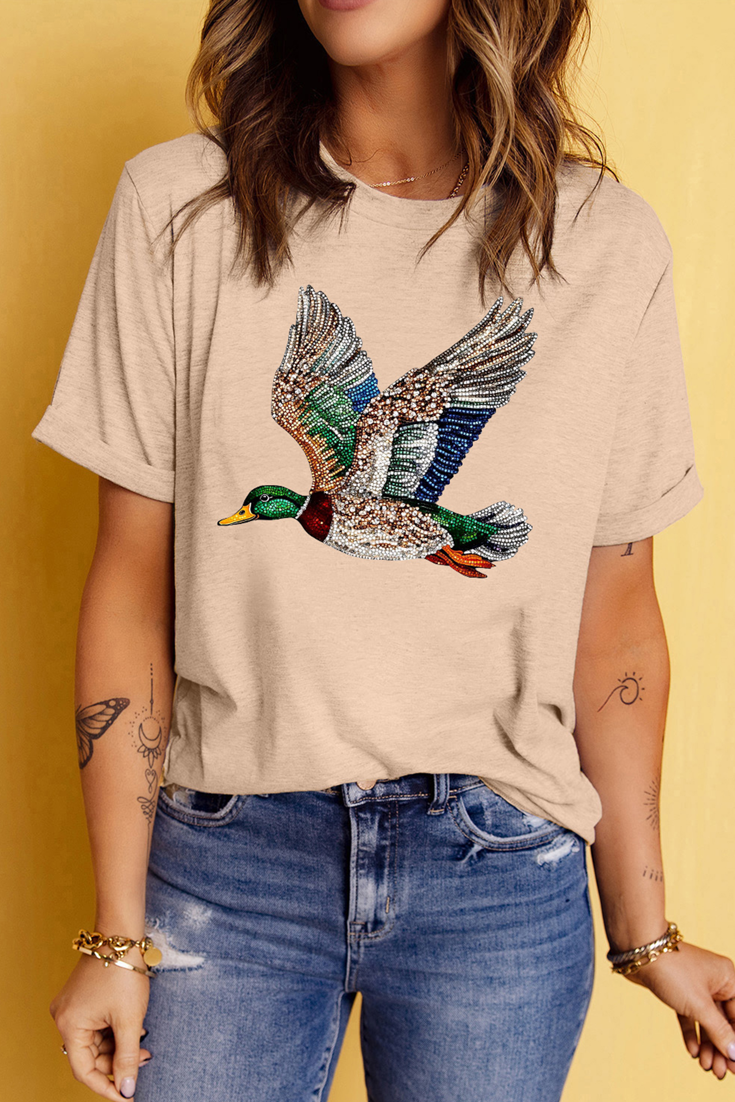 Khaki Flying Mallard Print Crew Neck T Shirt - loveforevers