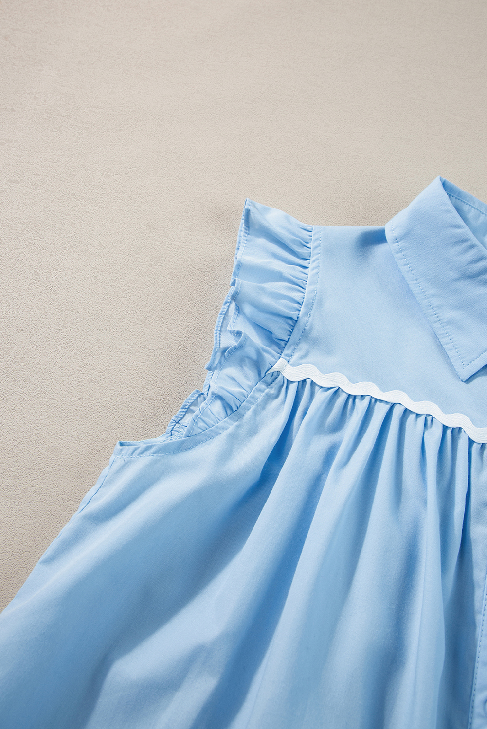 Sky Blue Ric Rac Trim Frilly Sleeveless Shirt - loveforevers