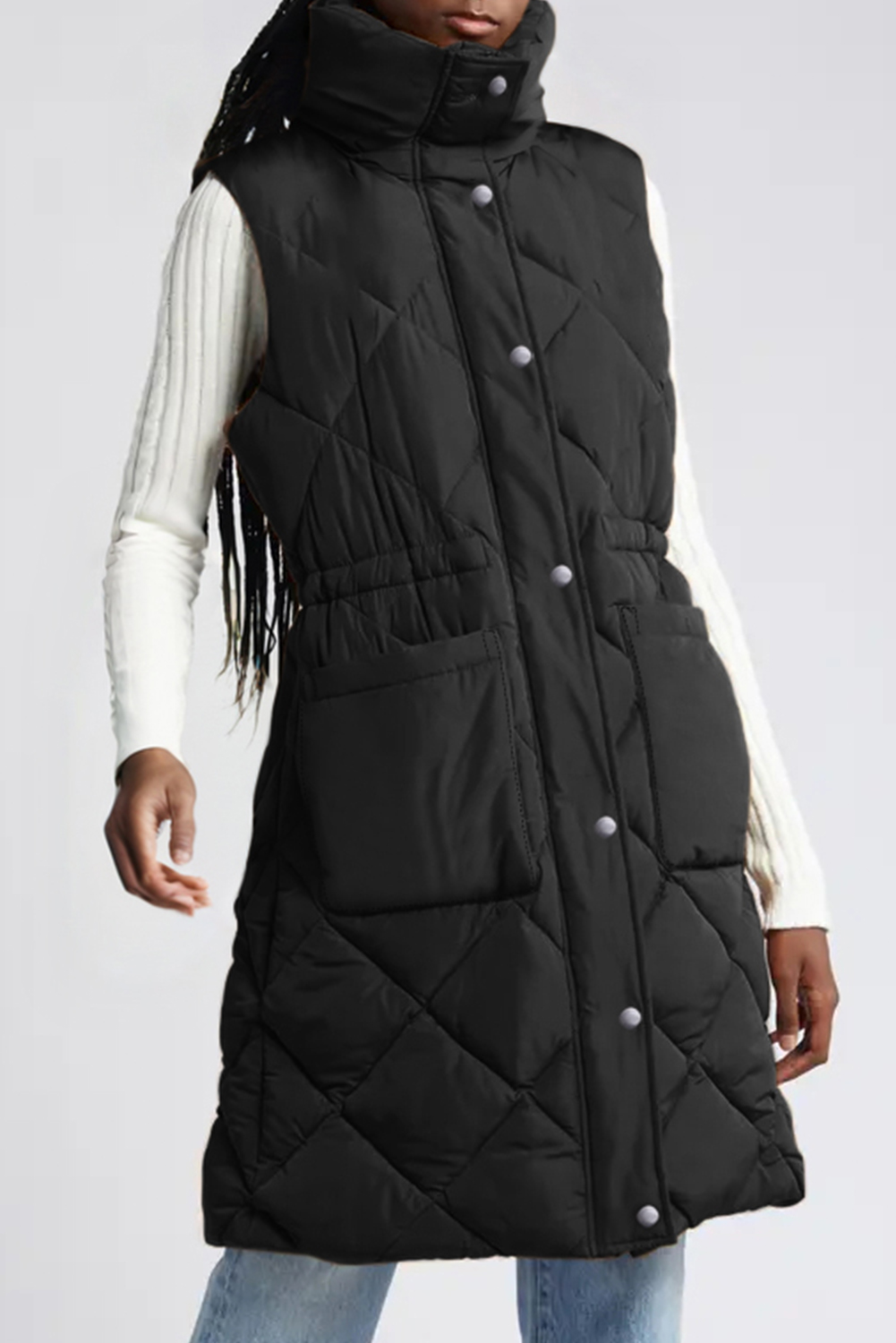 Black Longline Quilted Stand Collar Puffer Vest - loveforevers