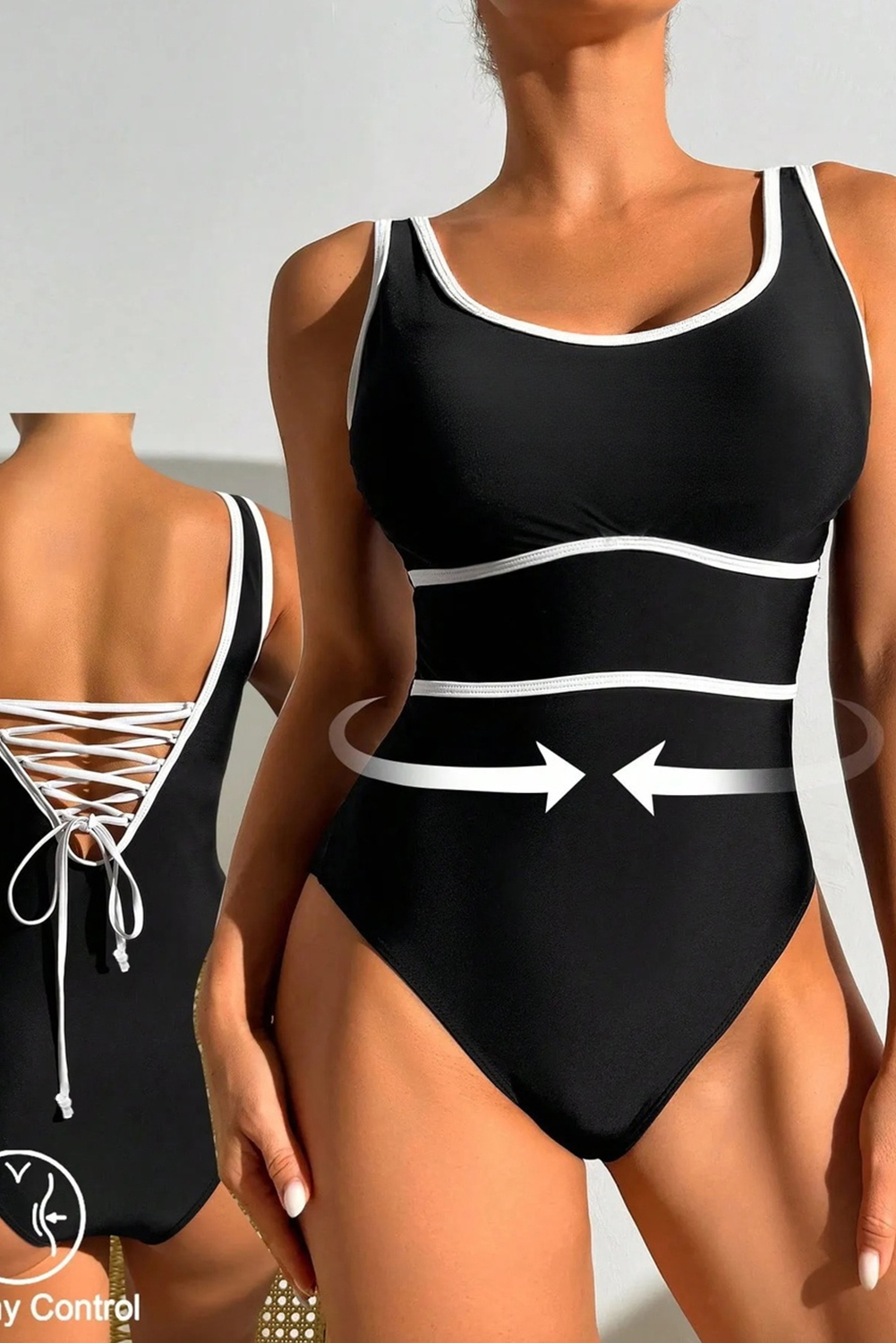 Navy Blue Contrast Trim Lace-up Back One Piece Swimsuit - loveforevers