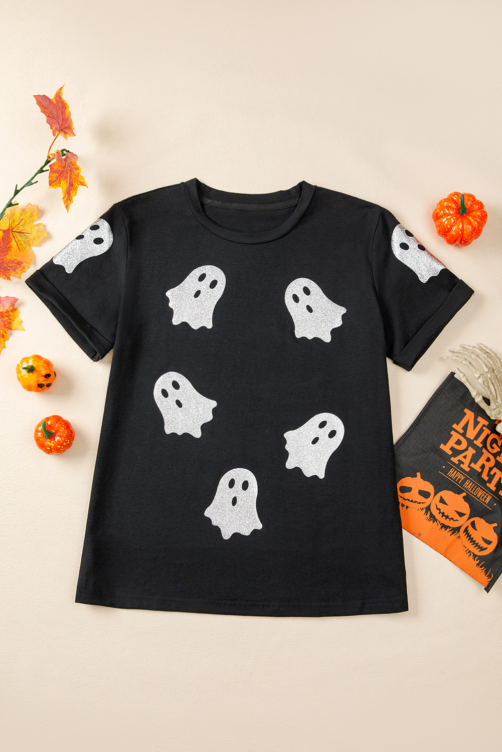 Wisteria Glitter Trim Chenille Ghost Patched Halloween Graphic Tee - loveforevers