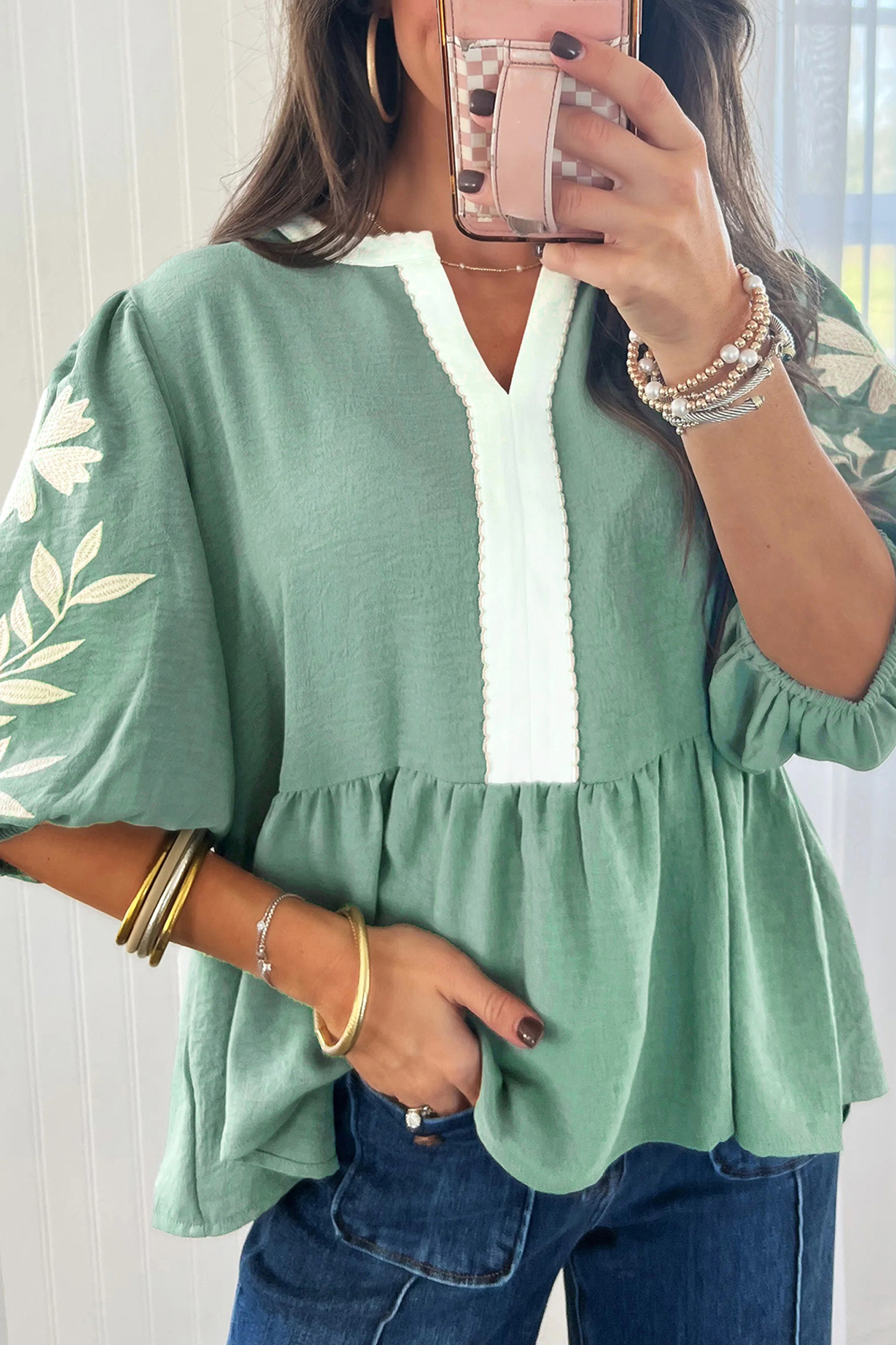 Smoke Green Color Block Patchwork V Neck Embroidered Puff Sleeve Babydoll Blouse - loveforevers