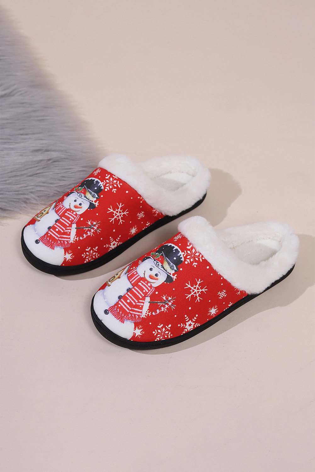 Fiery Red Christmas Snowman Print Plush Home Slippers - loveforevers