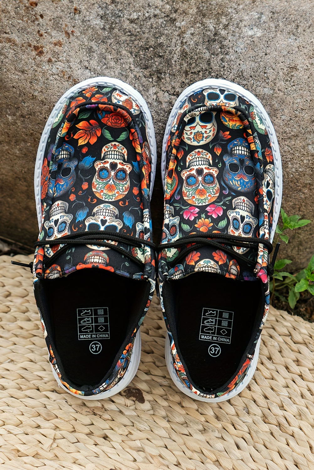 Dark Blue Sugar Skull Print Lace-up Detail Halloween Flat Shoes - loveforevers