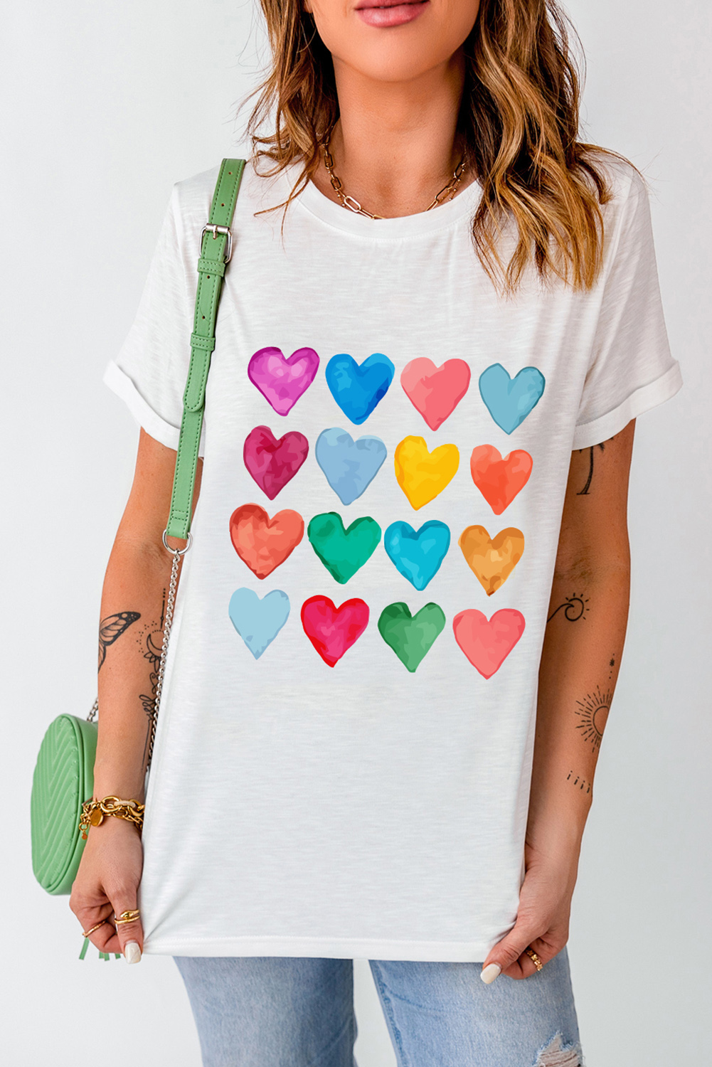 Red Leopard Striped Heart Shaped Print Crew Neck T Shirt - loveforevers