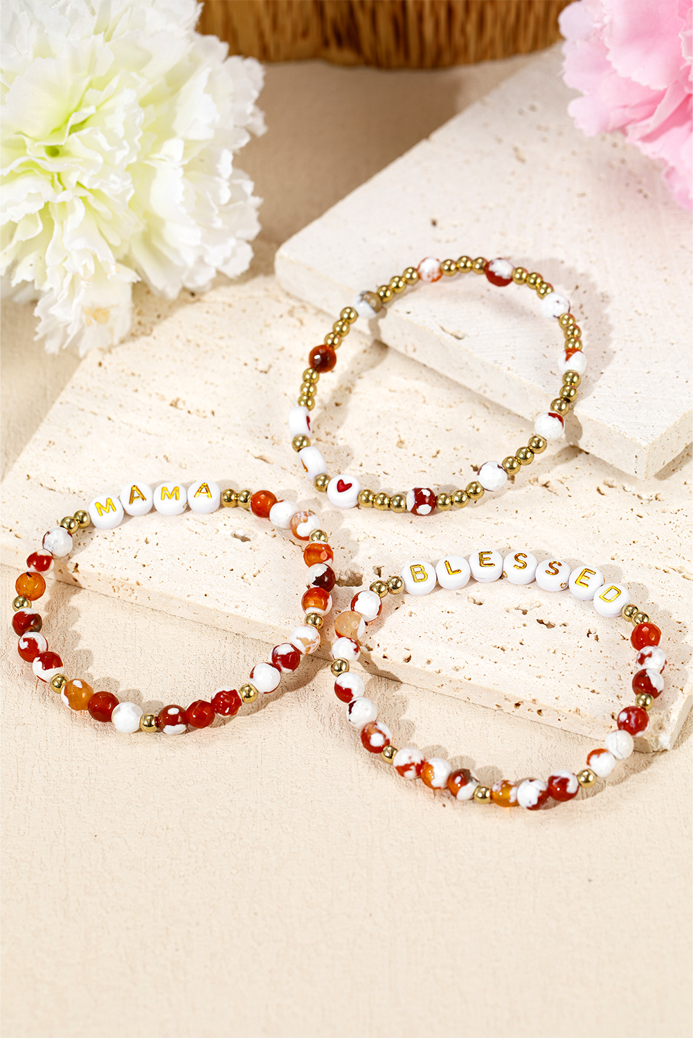 Gold MAMA Beaded Triple Layer Bracelet Set - loveforevers