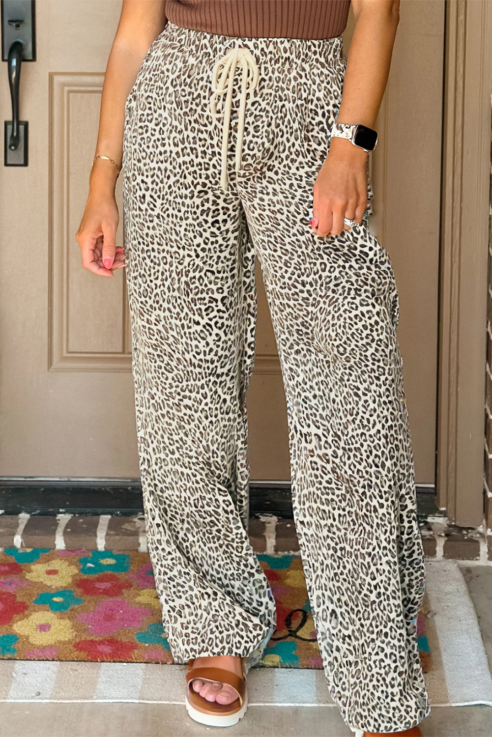 Brown Leopard Drawstring Elastic Waistband Loose Pants - loveforevers