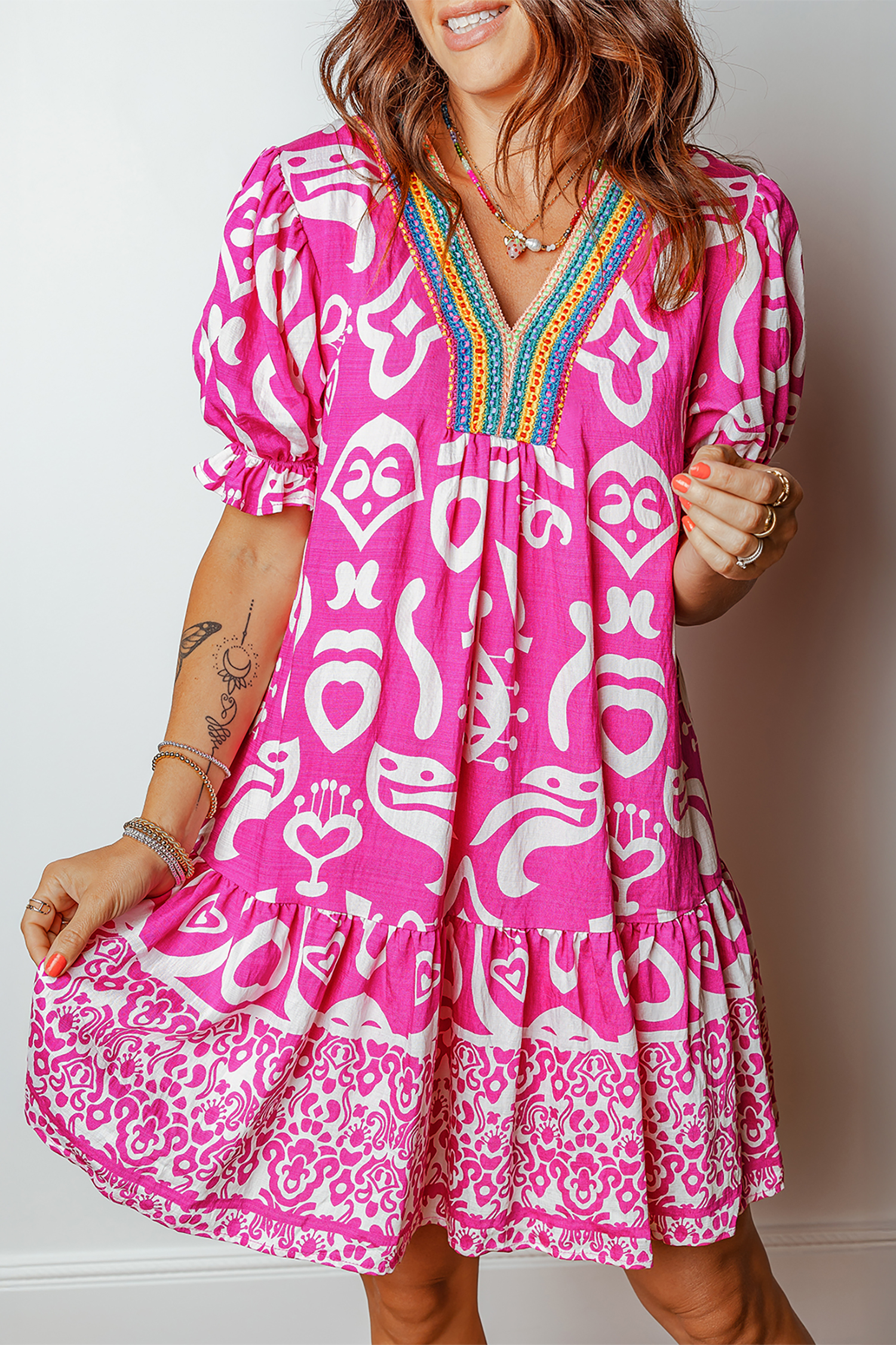 Rose Boho Mixed Print Contrast Trim V Neck Short Sleeve Flared Dress - loveforevers