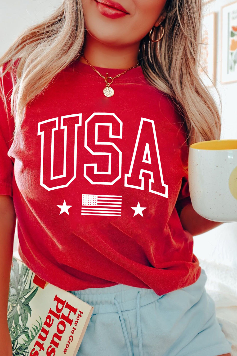 Red USA American Flag Print Crewneck T Shirt - loveforevers