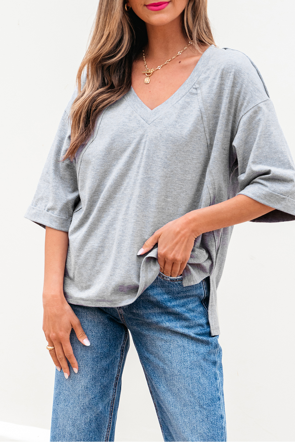High Raglan Half Sleeve V Neck Oversized T Shirt - loveforevers
