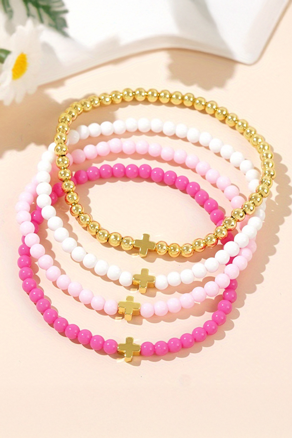Gold Cross Beaded Multi Layered Elastic Bracelet Set - loveforevers