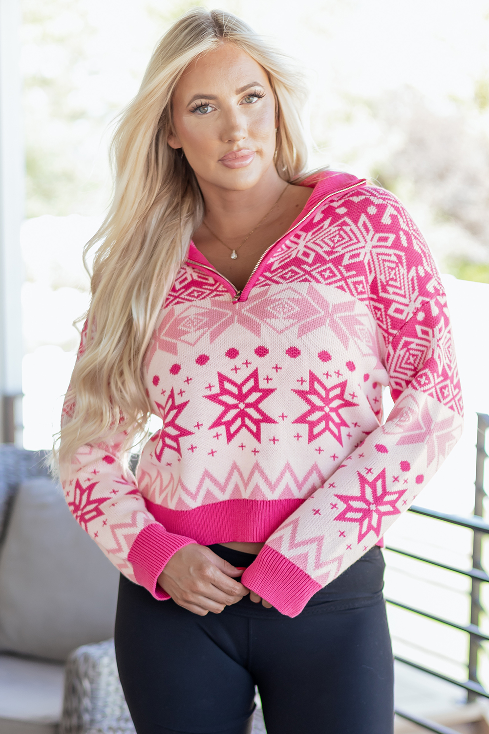Rose Red Christmas Snowflake Quarter Zip Collard Sweater - loveforevers