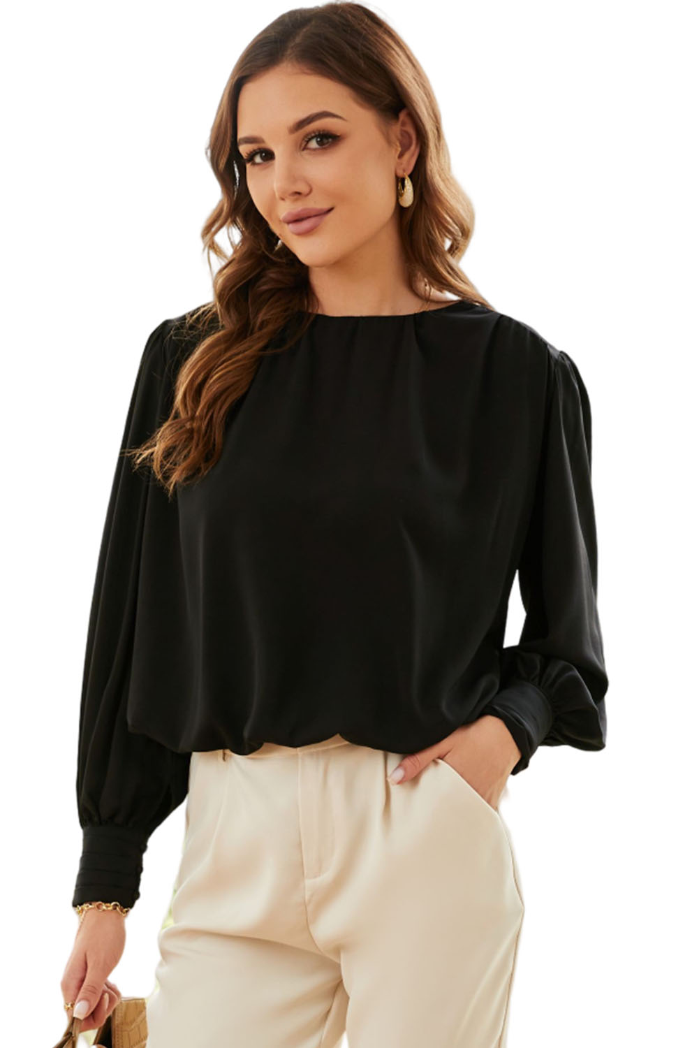 Black Padded Shoulder Buttoned Cuffs Pleated Loose Blouse - loveforevers