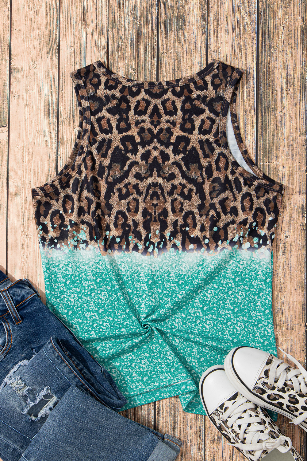 Light Blue Bleached Leopard Tie-dye Print Tank Top - loveforevers
