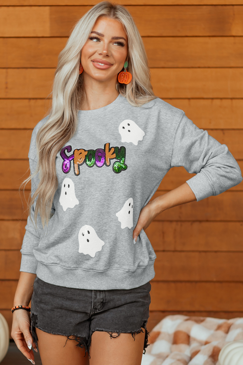 Gray Spooky Halloween Ghost Sequin Patched Sweatshirt - loveforevers