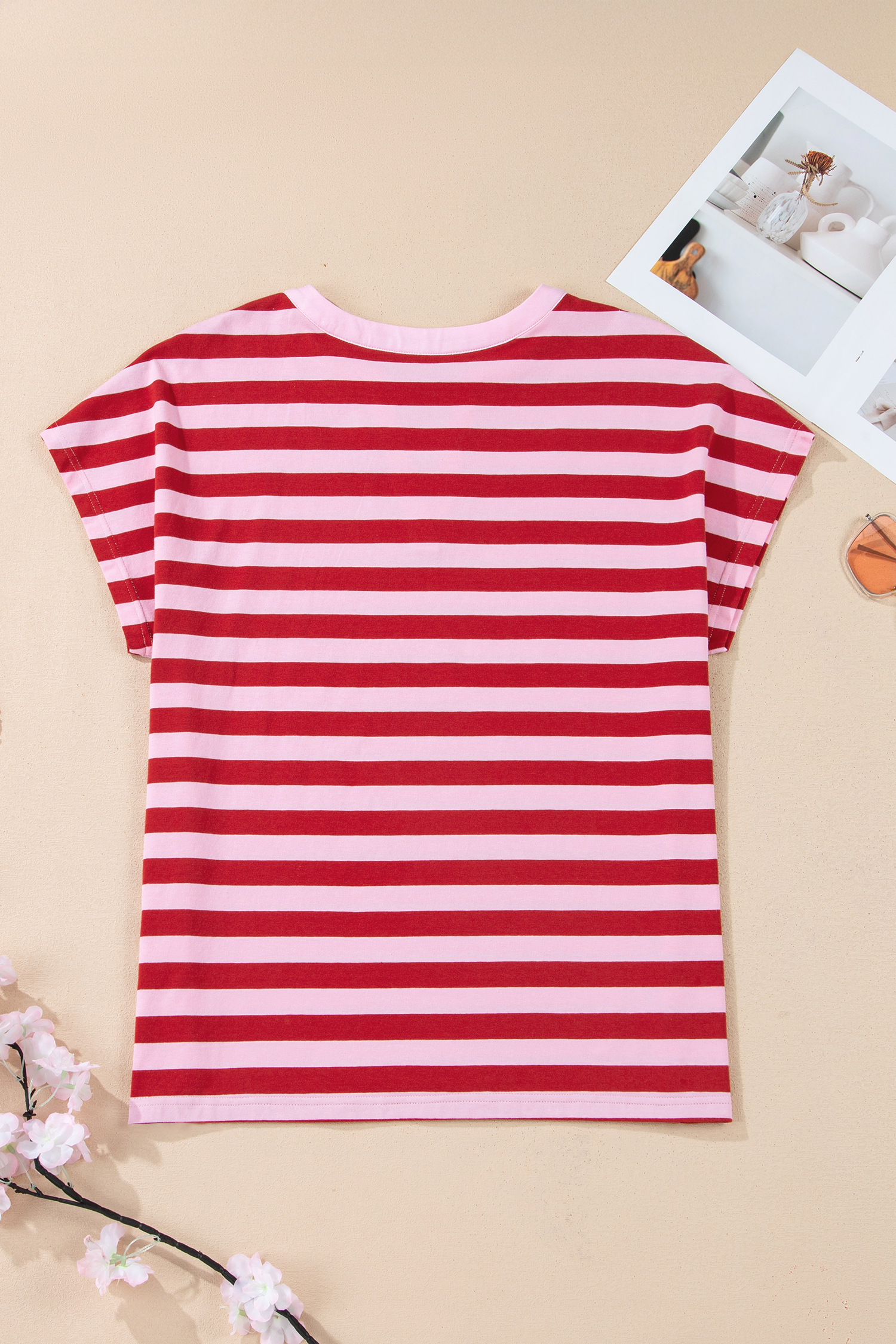 Pink Stripe Split V Neck Casual T Shirt - loveforevers