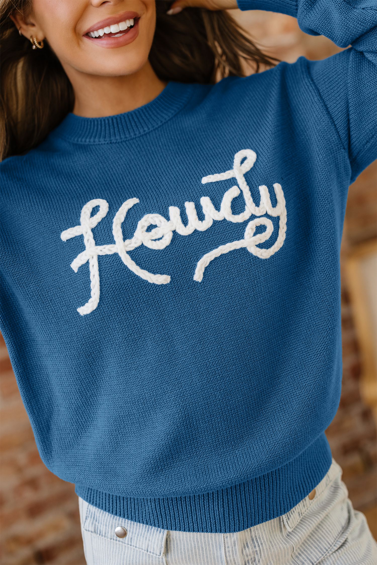 Dusk Blue Howdy Embroidered Graphic Western Sweater - loveforevers